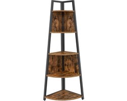 Hoekrek, boekenkast met 5 planken, staand rek, voor slaapkamer, woonkamer, werkkamer, vintage bruin en zwart