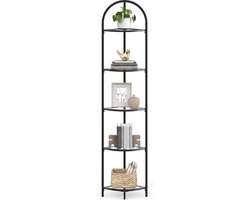 Hoekrek met 5 niveaus, boekenkast, plantenrek, badkamerrek, gehard glas, metalen frame, moderne stijl, voor woonkamer, keuken, klassiek zwart