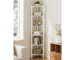 Hoekrek met 6 niveaus, staand rek, driehoekig staand displayrek, ruimtebesparend opbergrek voor woonkamer, slaapkamer, keuken en badkamer, wit, 37 x 27 x 150 cm