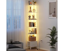 Hoekrek met LED Verlichting 6 Niveaus Wit – Smalle Hoeken Boekenkast met Lade – LED Bedienbaar via App – Ruimtebesparende Wandplank voor Woonkamer Slaapkamer