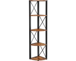 Hoekrek, opbergrek, vitrinekast, plantenrek, boekenkast met 5 open vakken. Eenvoudig te monteren, stevig metalen frame. Geschikt voor woonkamer, slaapkamer, balkon en keuken. 30 x 30 x 160 cm, bruin + zwart.