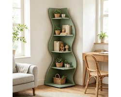 Hoekrek Ruimtebesparend – 50 x 50 x 182,5 cm – Hout – Groen – Vijf Open Niveaus – Verstelbare Planken – Voor Woonkamer, Hal en Werkkamer