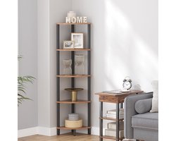 Hoekrek, staand rek, boekenkast met 5 niveaus, ladderrek, opbergrek, plantenrek voor keuken, woonkamer, industrieel design, vintage bruin-zwart