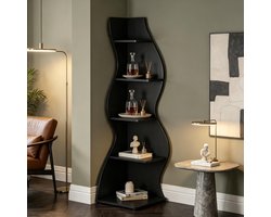 Hoekrek Verstelbaar – 50 x 50 x 182,5 cm – Vijf Niveaus – Hout – Zwart – Voor Boeken en Decoratie in Woonkamer en Werkkamer – Golvende Vorm