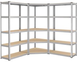 Hoekrek voor Zware Belasting – 5 Niveaus 2625kg – Metaal & Hout – Garage Rek, Opslagrek, Kelderrek, Stabiel & Verstelbaar – Industriële Stijl – Zilver & Beige – 180x180x180 cm - Ganeey