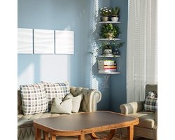 Hoekrek, wandrek van massief hout, kattenvorm, zwevend rek, decoratie voor woonkamer, slaapkamer, keuken, kantoor, 4 planken, modern en eenvoudig, zuiver wit