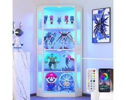 Hoekvitrinekast met Led Verlichting - Glasvitrine 165 cm - Vitrinekast met Sensor - 4 Niveaus Verstelbare Planken - Hoek Schoonheidskast voor Verzamelobjecten & Spirituelen - Pop-up Deur - Hout en Hoge Transparantie Acryl - Wit