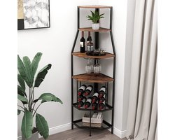 Hoekwijnrek Met 5 Niveaus - Met Glazenhouder En Wijnopslag - Industrieel Wijnrek - Rek Voor Keuken - Bar - Kelder - Eetkamer - Vintage Bruin - Zwart