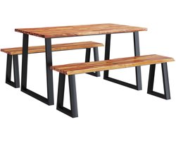 Hoekzitjes Set Eettafelbank – Eetkamerbank – Keukenhoek Bank – Hoekbank Hout – Massief Acaciahout – 140 cm Tafel – Natuurlijk Design – Stalen U-Vorm Poot
