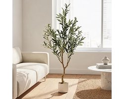 HOERFURIY - 4FT Kunst Olijfboom in pot met 20 olijfvruchten - cementgevulde pot buigbare takken voor woonkamer kantoor en landhuisdecoratie