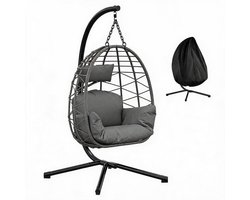HOERFURIY Hangstoel Buiten met Standaard Metalen, tot 150 kg–Opvouwbare Hangstoelen Egg Hangstoel–Incl. Dikker Zitkussen en Regenhoes–Tuinmeubelen voor de Tuin, Terras en de Slaapkamer, 105 × 105 × 196 cm– Grijs