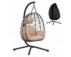 HOERFURIY Hangstoel Buiten met Standaard Metalen, tot 150 kg–Opvouwbare Hangstoelen Egg Hangstoel–Incl. Dikker Zitkussen en Regenhoes–Tuinmeubelen voor de Tuin, Terras en de Slaapkamer, 105 × 105 × 196 cm - Beige