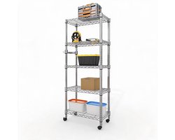 HOERFURIY metalen rolopbergrek 5 lagen zilver 60x30x157cm totaal 500kg draagvermogen - 360° vergrendelbare wielen verstelbare planken keuken garage kelder slaapkamer