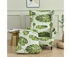 Hoes voor oorfauteuil, rekbaar, 2-delig, zetelovertrek met T-kussensloop, antislip, voor woonkamer, hotel, slaapkamer (groene bladeren)