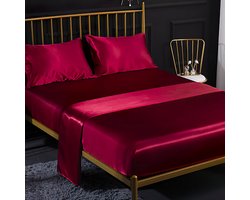 Hoeslaken Effen Satijn Glanzend Bedlaken 200 x 200 cm voor Matrassen tot 35 cm Hoeslaken Set 4-Delig met Bedlaken, Hoeslaken, 2 Kussenslopen - Bordeauxrood