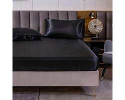 Hoeslaken Maat 200x220 cm Zwart Satijnen Lakens voor Matras tot 30 cm Hoog