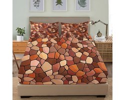 Hoeslaken Tweepersoonsbed - Lakens Set - Slaapkamer Decoratie - Abstract Steen Mozaïek - 182 x 200 cm - Bruin