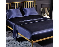 Hoeslaken van effen satijn glanzend bedlaken 180 x 200 cm voor matrassen tot 35 cm. Hoeslaken set van 4 stuks met bedlaken, hoeslaken en 2 kussenslopen - Marineblauw.