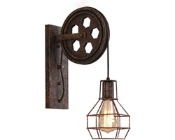 Hoexs - Industriële Katrol Wandlamp - Vintage Muurlamp Binnen – E27 Fitting - Metaal en Hout - Loft Stijl