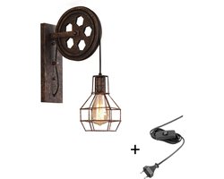Hoexs - Industriële Wandlamp - Incl. Stekker en Schakelaar - Vintage Katrol Lamp - Wandverlichting