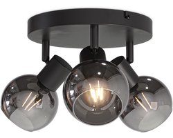 HOFTRONIC - Glazura LED Plafondlamp rond - Glazen Bollen - Smoke Glas - 3 spots (excl.) - E14 fitting - Zwart - IP20 - Plafondlamp Rookglas - Afzonderlijk kantelbaar & draaibaar - 2 jaar garantie