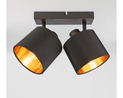 HOFTRONIC - Jimmy LED Plafondspot - Stoffen kap (textiel) – 2 spots - Kantelbaar - Draaibaar - Mat Zwart en Goud - E14 fitting - IP20 - Plafondlamp