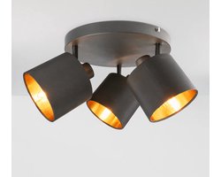 HOFTRONIC - Jimmy LED Plafondspot - Stoffen kap (textiel) – 3 spots - Kantelbaar - Draaibaar - Mat Zwart en Goud - E14 fitting - IP20 - Plafondlamp