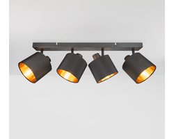 HOFTRONIC - Jimmy LED Plafondspot - Stoffen kap (textiel) – 4 spots - Kantelbaar - Draaibaar - Mat Zwart en Goud - E14 fitting - IP20 - Plafondlamp