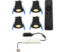 HOFTRONIC Milano - 4x Zwarte LED Inbouwspots - Traploos dimbaar met RF-afstandsbediening - Zwart - IP65 Waterdicht - 2700K Extra warm wit - 3W CREE LEDs 12V - Verandaverlichting - Plafondspotjes badkamer - Voor Veranda, Carport en Badkamer