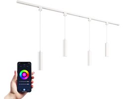 HOFTRONIC railverlichting pakket recht – 2 meter rail – 4 hanglampen met RGBWW GU10 lichtkleur – dimbaar via app – aluminium wit – IP20 – 230V – smart track lights woonkamer keuken kantoor