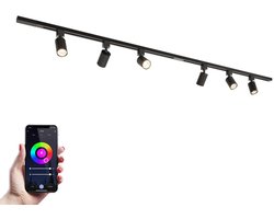 HOFTRONIC railverlichting pakket recht – 2x 1 meter rails – 6 dimbare RGBWW GU10 railspots – aluminium zwart – IP20 – modulair – 230V – smart track lights woonkamer keuken