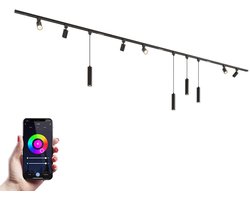 HOFTRONIC railverlichting pakket recht – 4x 1 meter rail – 6 railspots en 4 hanglampen – RGBWW GU10 lichtkleur – dimbaar via app – aluminium zwart – IP20 – modulair – 230V – smart track lights woonkamer keuken
