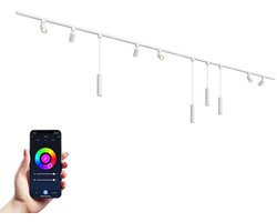 HOFTRONIC railverlichting pakket recht – 4x 1 meter rail – 6 railspots en 4 hanglampen – RGBWW GU10 lichtkleur – dimbaar via app – aluminium wit – IP20 – modulair – 230V – smart track lights woonkamer keuken
