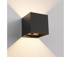 HOFTRONIC wandlamp op batterijen vierkant – 3 watt 3000K warm wit – USB oplaadbaar bewegingssensor – aluminium zwart – IP44 waterdicht – buitenlamp batterij sensor up down verlichting