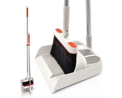 Hoge 180 graden roterende veegborstel set - grijs en rood - voor binnen buiten tuin - stofpan en borstel met lange steel - huishoudelijk gebruik