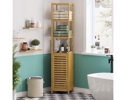 Hoge badkamerkast - bamboe - badkamerkast hoog met 3 open vakken en kast - hoge bijzetkast - opbergkast - voor badkamer - hal - keuken - woonkamer