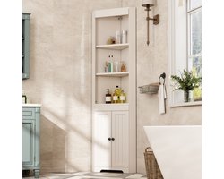 Hoge badkamerkast - drie open opbergvakken - vochtbestendige draaideuren - schuifplanken - wit
