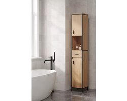 Hoge Badkamerkast – Kolomkast - Smalle Opbergkast met Lade, Open Vak en Verstelbare Planken – Industrieel Design – Bruin - Licht Eiken & Zwart