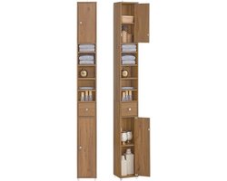 Hoge Badkamerkast met Verstelbare Planken en Lade - Smalle Opbergkast voor Badkamer, Woonkamer of Slaapkamer, Houtbruin