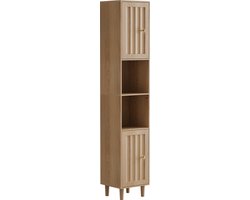 Hoge Badkamerkast - Smalle Kolomkast - Vrijstaande Opbergkast - Wasmachinekast - Open Vakken - Dubbele Deuren - Houten Poten - Badkamer - 32x30x169 cm - Opbergen - Eiken Look