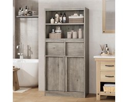 Hoge Badkamerkast / Vrijstaande Opbergkast - Met 2 Lades, Deurtjes & Open Vakken - Multifunctioneel Houten Meubel - 60x30x130 cm - Grijs