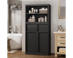 Hoge Badkamerkast / Vrijstaande Opbergkast - Met 2 Lades, Deurtjes & Open Vakken - Multifunctioneel Houten Meubel - 60x30x130 cm - Zwart