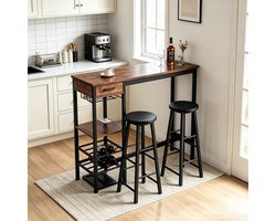 Hoge bartafel 100×40×90 cm, rechthoekig bruin eettafel, metaal‑hout, stoffen lade, houder voor wijnflessen & plank voor wijnglazen, voor keuken woonkamer eetkamer