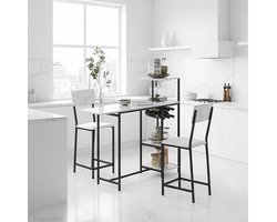 Hoge Bartafel Set met 2 Comfortabele Krukken – Uitklapbare Statafel met Wijnrek, Glazenrek, Open Planken, PU Gevoerde Stoelen, Marmeren Effect, Modern Design voor Keuken, Eetkamer of Ontbijthoek – Compact & Ruimtebesparend – Novi Home