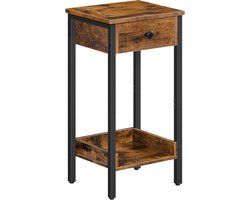 Hoge bijzettafel met lade en plank voor slaapkamer - Industriële telefoontafel - Ruimtebesparend - 38 x 29 x 70 cm - Rustiek bruin en zwart nachtkastje zwart 60 cm hoog