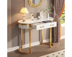 Hoge Bijzettafel – Sidetable – Bijzettafel – Opbergtafel – ConsolTafel – Wit Hoogglans Met Gouden Accenten – 100x40x76 cm – 2 Opbergrekken
