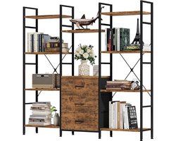 Hoge Boekenkast 100 × 142 cm - 4-Laags Open Boekenkast Met 3 Stoffen Lades - Industriële Houten Plankenkast Met Rustieke Houtlook - Grote Opbergkast Voor Woonkamer, Kantoor En Werkkamer'