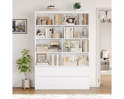 Hoge Boekenkast 180 cm met 4 Lades en 8 Vakken – Grote Multifunctionele Opbergkast / Vitrinekast / Wandkast voor Woonkamer, Kantoor en Keuken – 180 x 120 x 30 cm