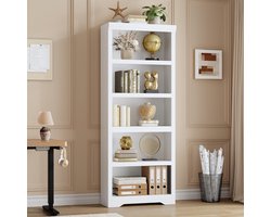 Hoge Boekenkast 5 Lagen - 60x29.5x174.5cm - Boekenkast Vintage - Verstelbare Planken - Kantelbeveiliging - Open Opbergkast - Voor Woonkamer Kantoor - Wit