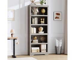 Hoge Boekenkast 5 Lagen - 60x29.5x174.5cm - Boekenkast Vintage - Verstelbare Planken - Kantelbeveiliging - Open Opbergkast - Voor Woonkamer Kantoor - Grijs